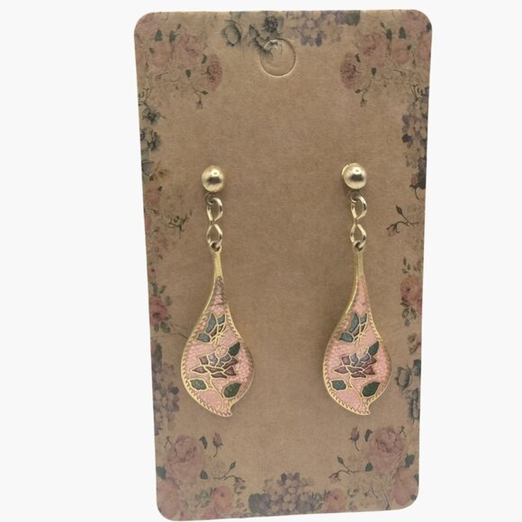 Pink Cloisonne Earrings Gold Tone Teardrop Vintage Floral Post - Picture 2 of 6